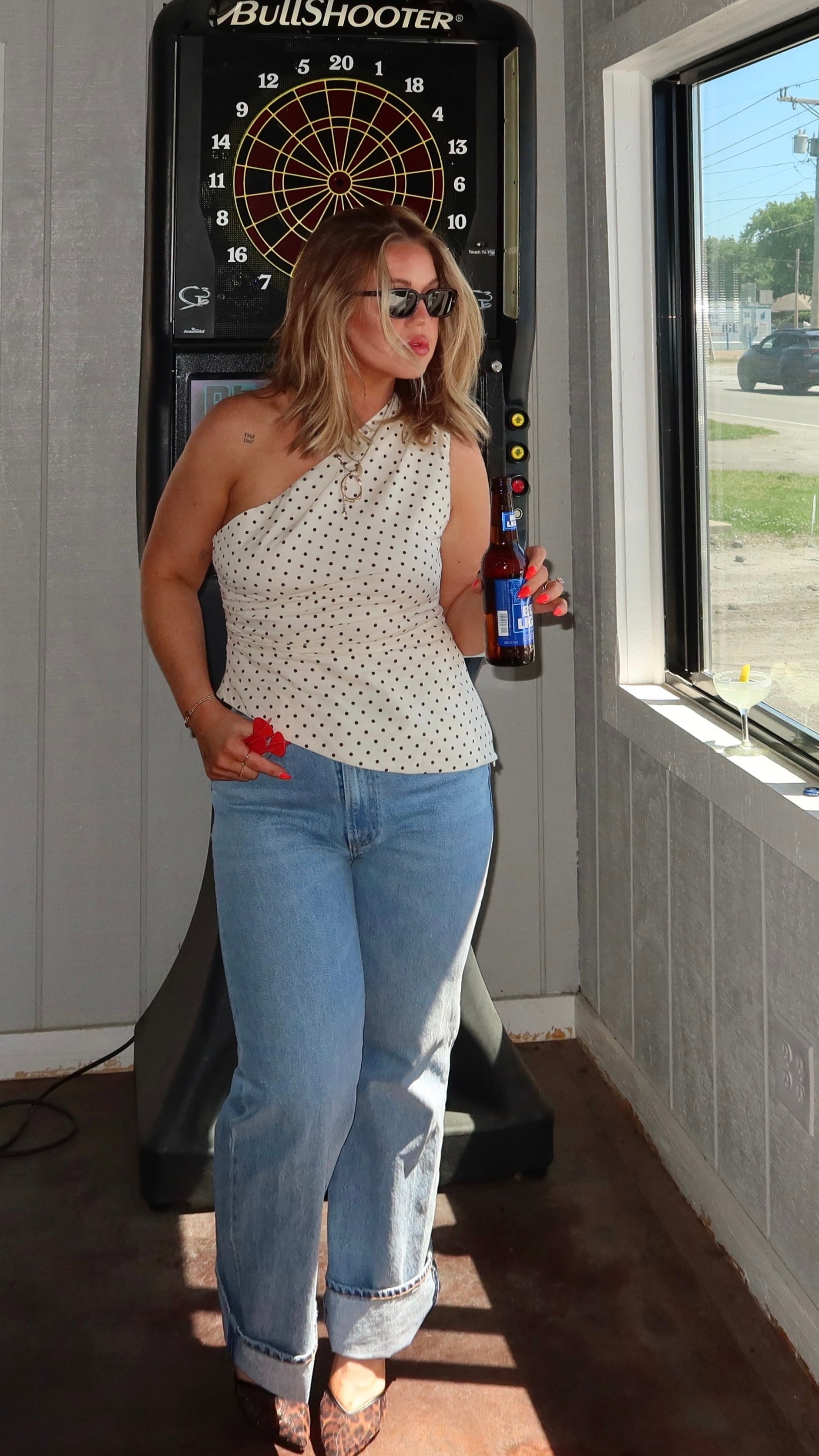 ONE SHOULDER POLKA DOT TOP.